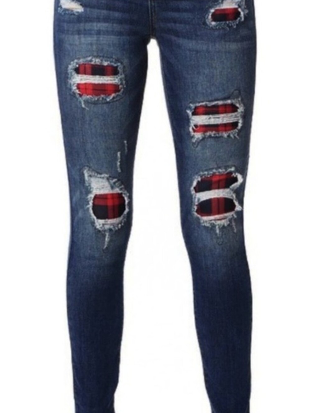 Distressed Skinny Jeans With Red Buffalo Plaid